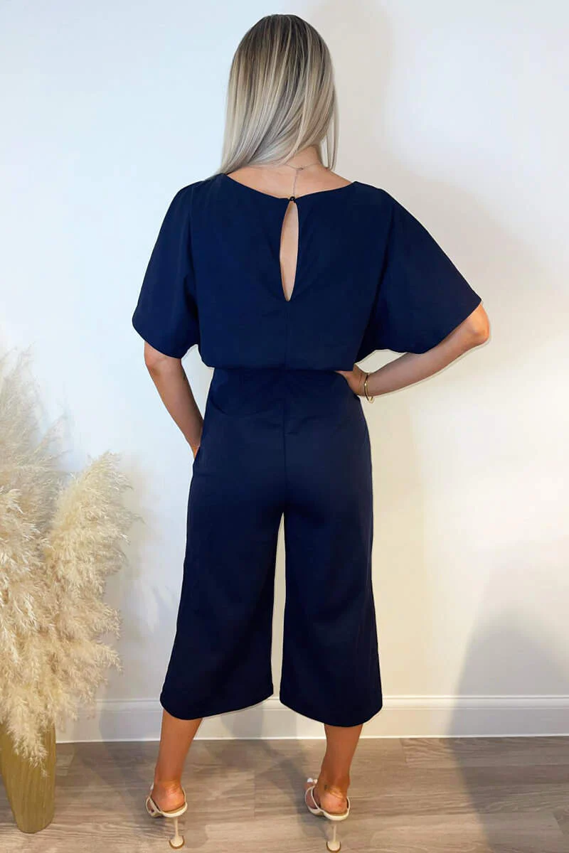 Navy Tie Waist Short Sleeve Culotte Jumpsuit - Image 4