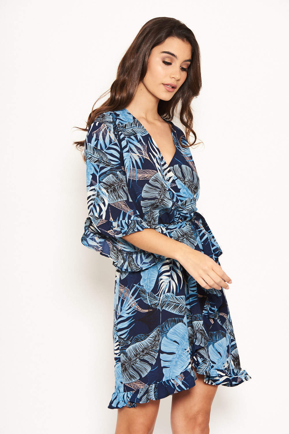 Navy Tropical Print Wrap Dress - Image 2