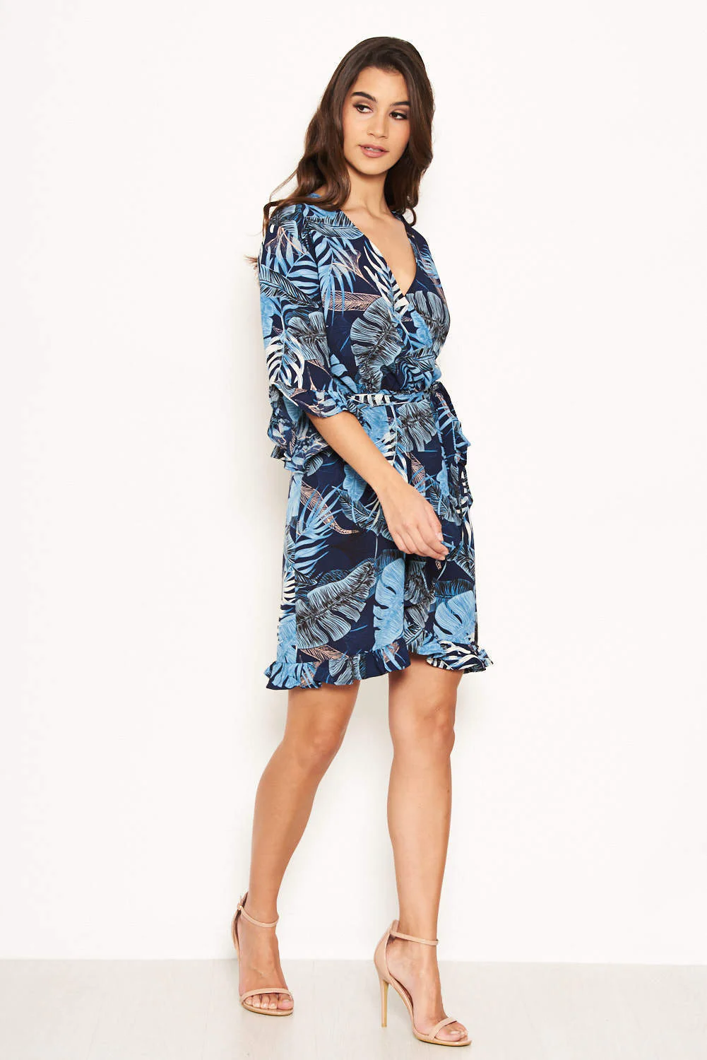 Navy Tropical Print Wrap Dress - Image 3