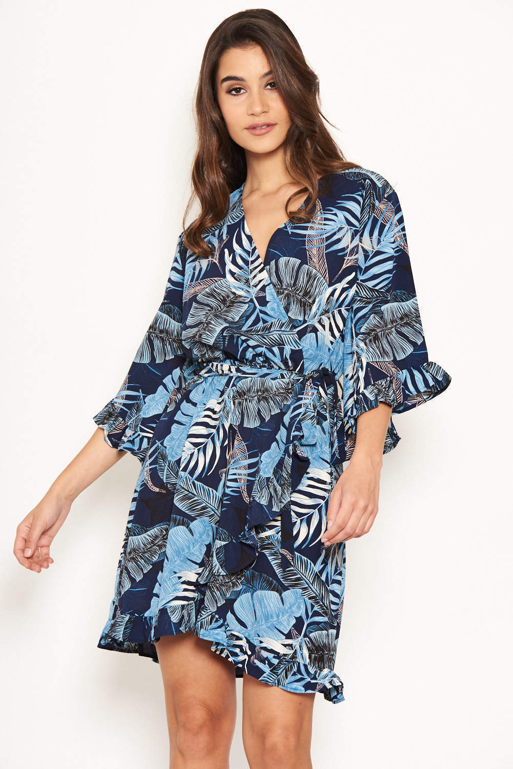 Navy Tropical Print Wrap Dress - Image 5