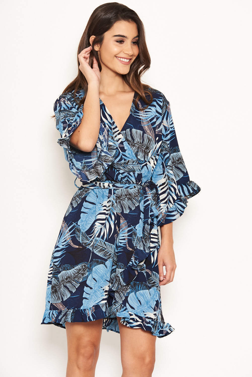 Navy Tropical Print Wrap Dress - Image 6
