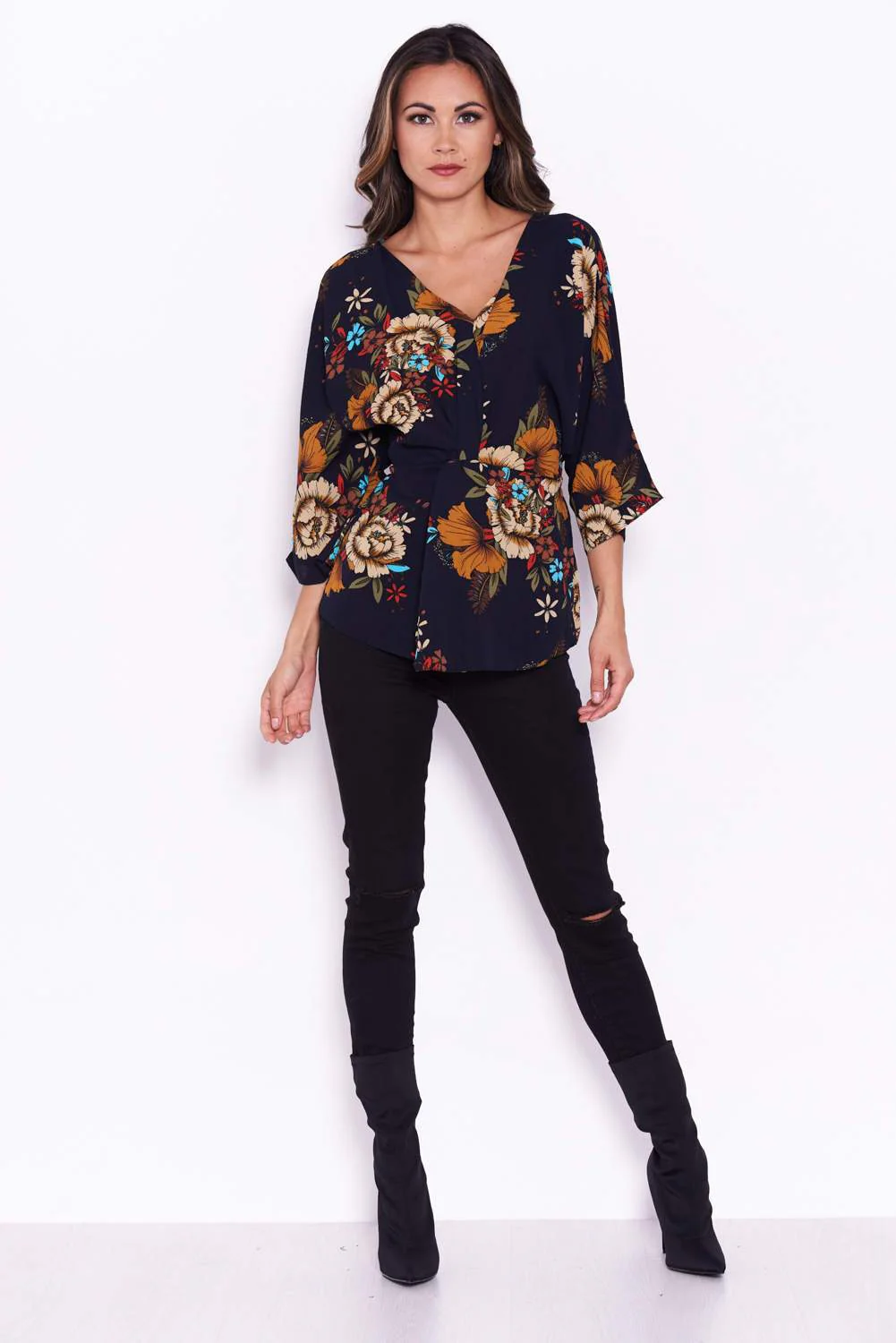 Navy V-Neck Floral Top With Tie Waist - Image 2