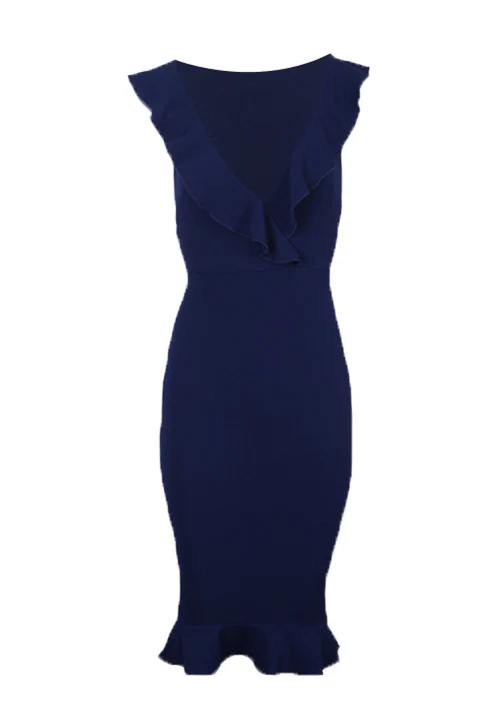 Navy V Neck Frill Detail Bodycon Dress - Image 4