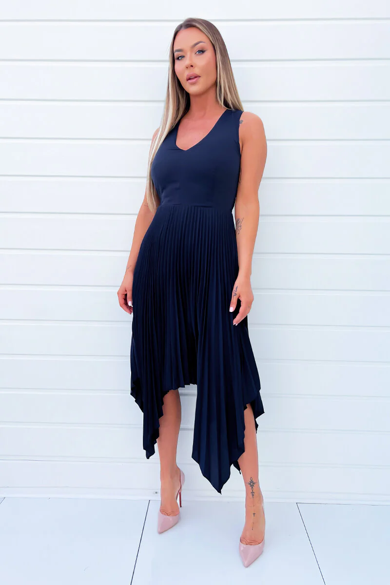 Navy V Neck Pleated Skirt Belted Waist Midi Dress - Image 2
