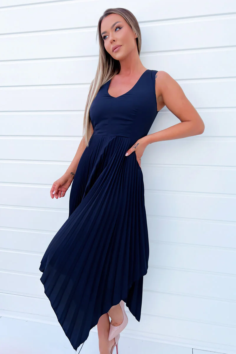 Navy V Neck Pleated Skirt Belted Waist Midi Dress - Image 3