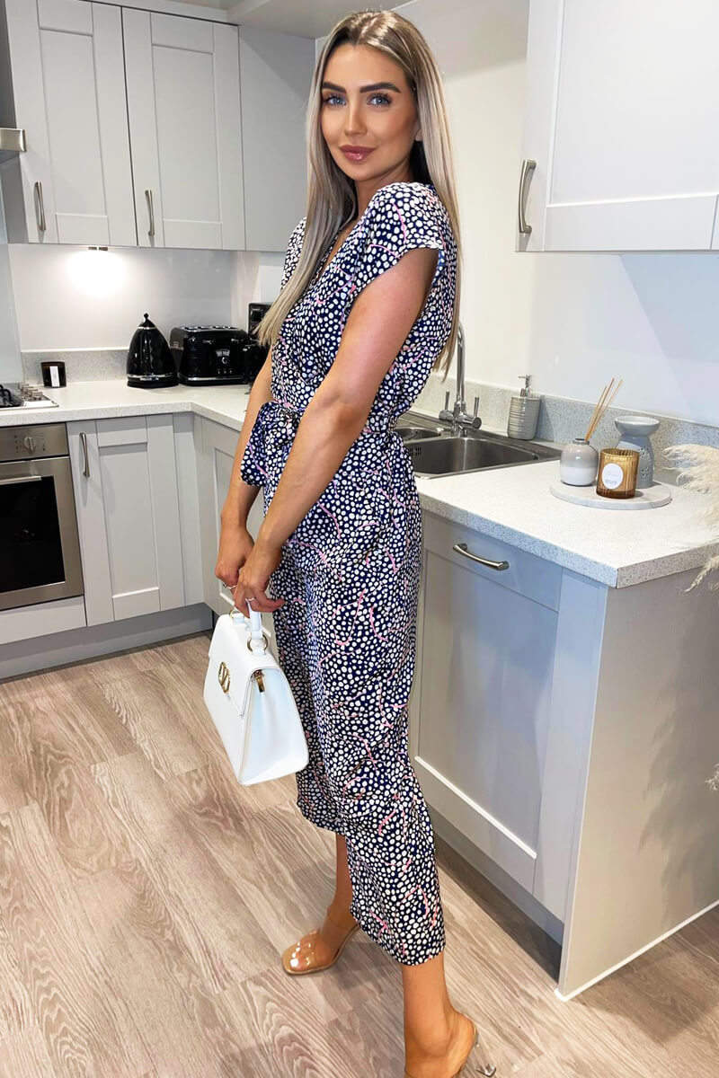 Navy White And Pink Printed Wrap Jumpsuit - Image 5