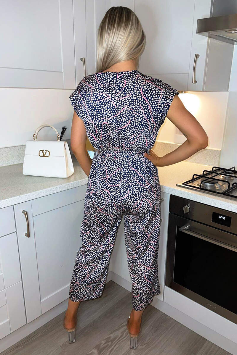 Navy White And Pink Printed Wrap Jumpsuit - Image 6