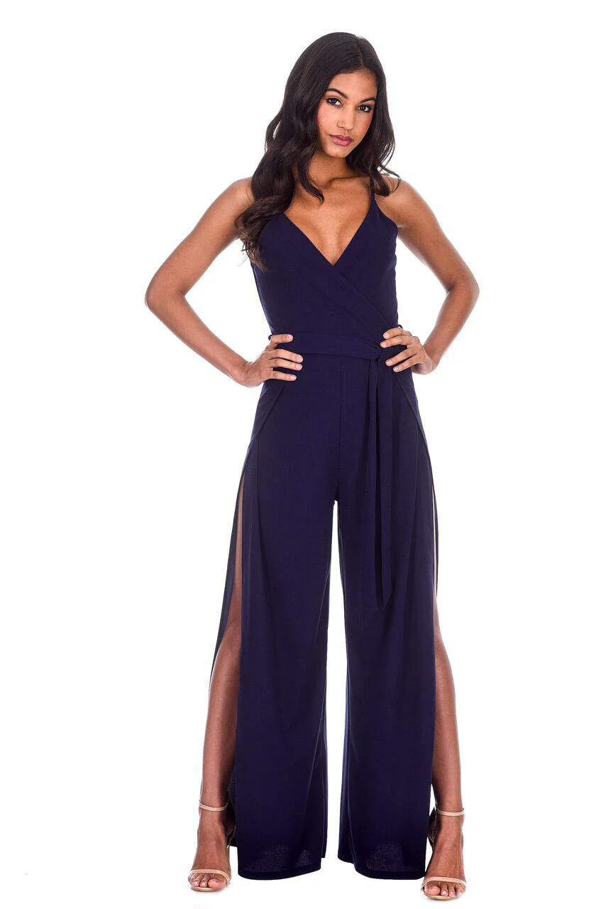 Navy Wide Leg Thigh Split Jumpsuit - Image 2