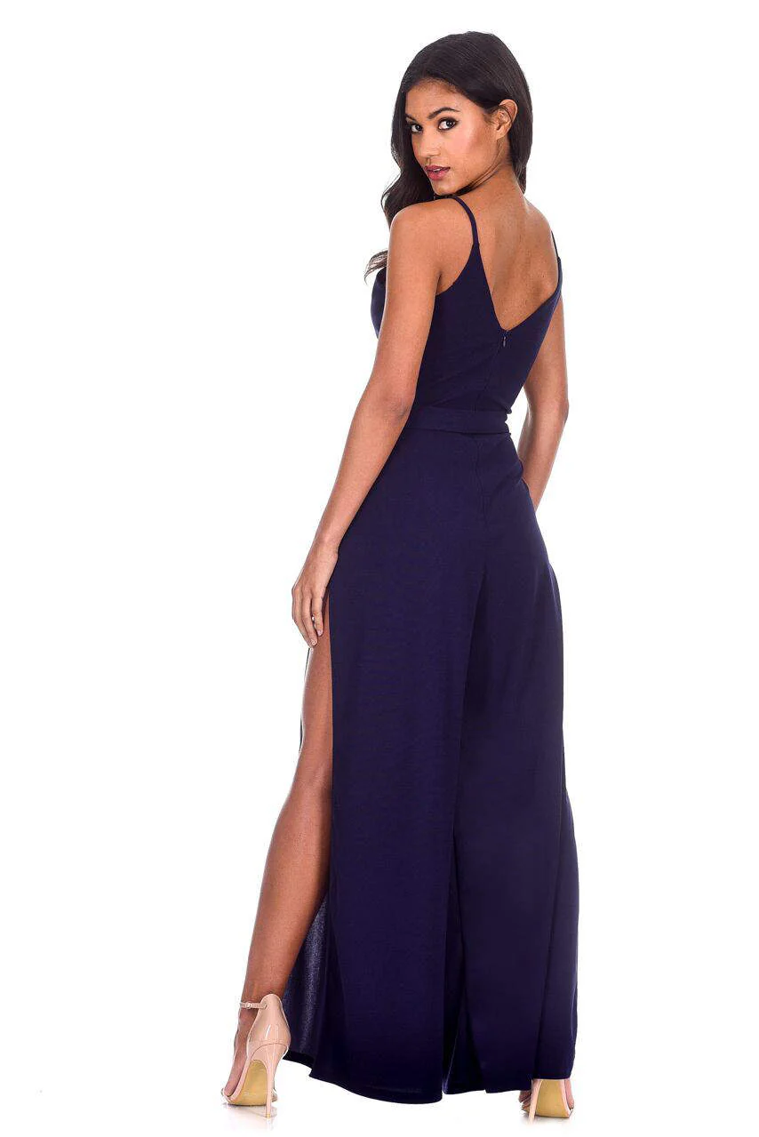 Navy Wide Leg Thigh Split Jumpsuit - Image 3