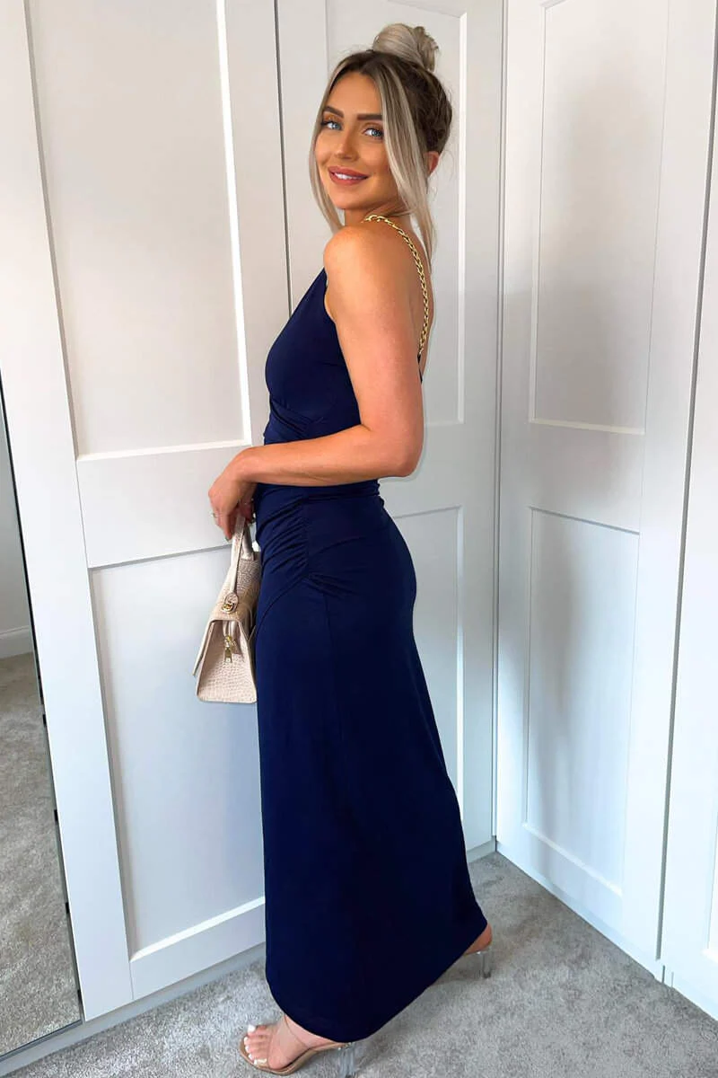 Navy Wrap Over Midi Dress With Chain Straps - Image 3