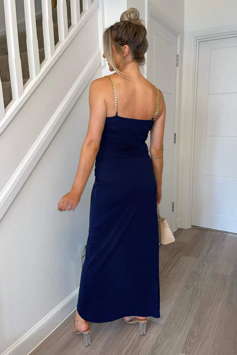 Navy Wrap Over Midi Dress With Chain Straps - Image 4