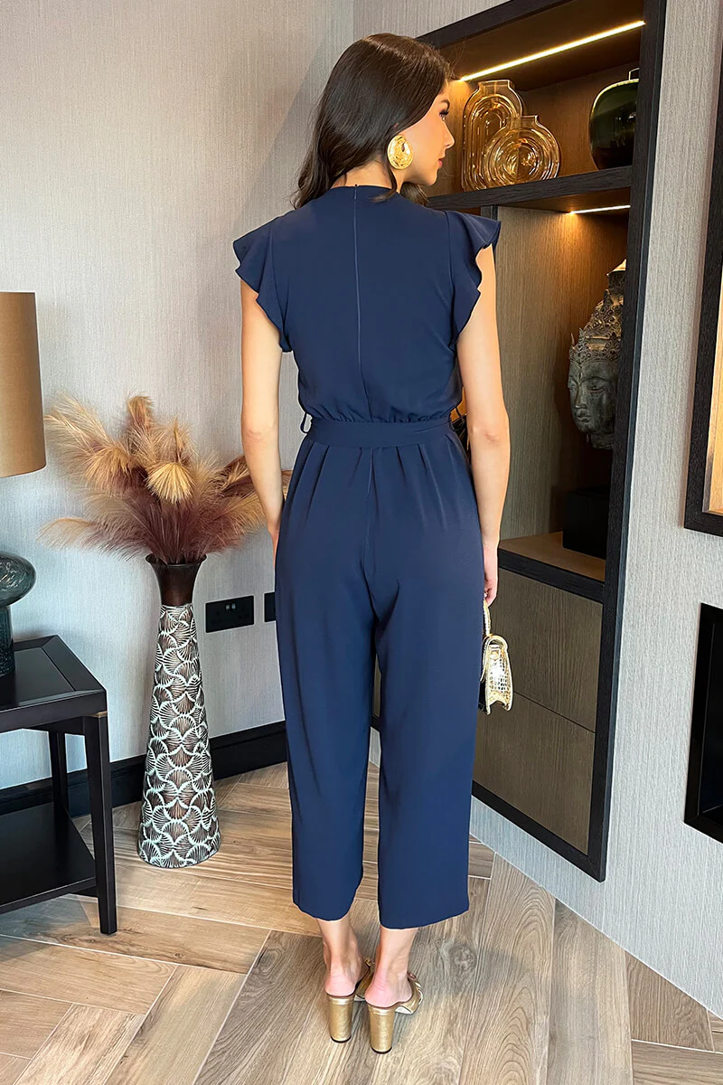 Navy Wrap Top Flutter Sleeve Belted Jumpsuit - Image 5
