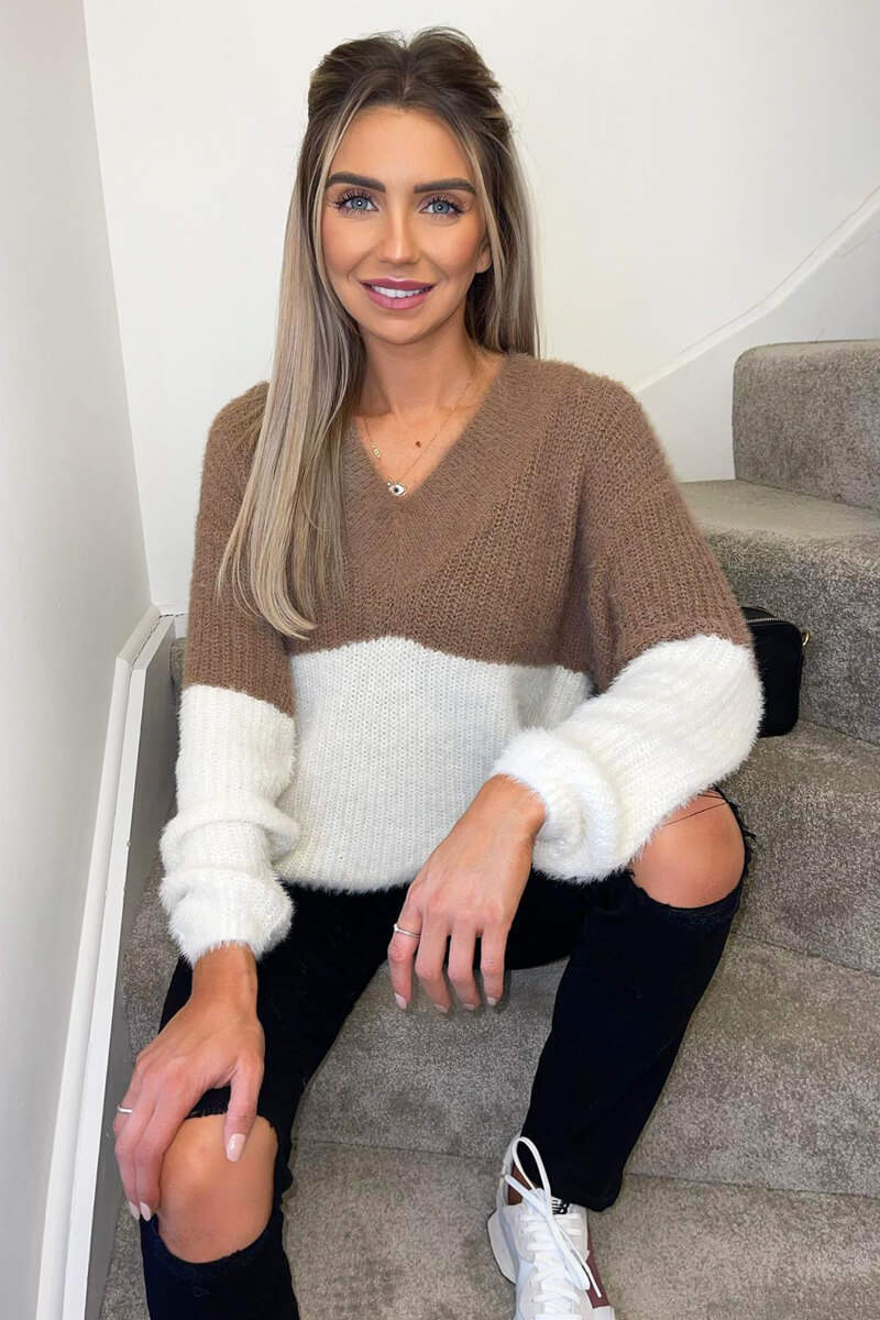 Nougat And Cream Fluffy V Neck Jumper - Image 3
