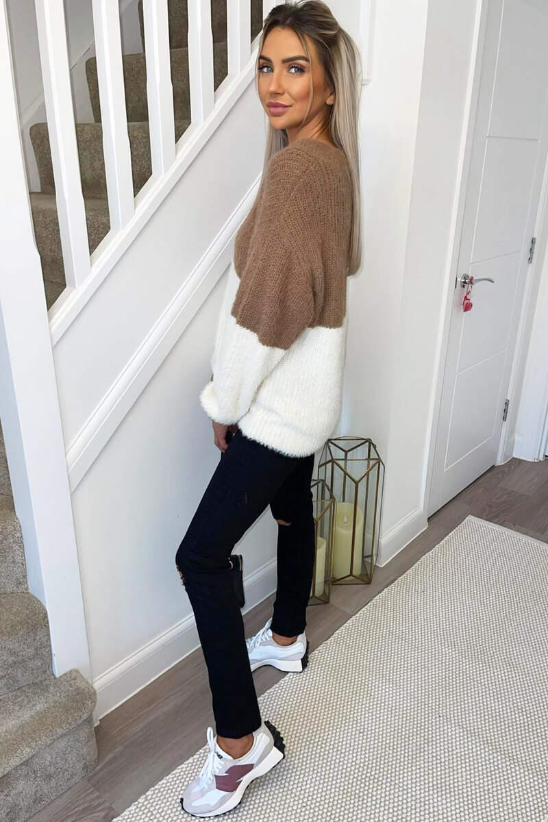 Nougat And Cream Fluffy V Neck Jumper - Image 4