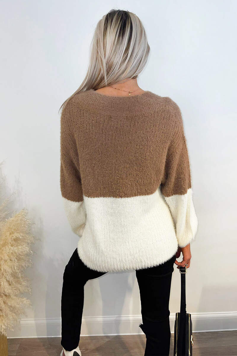 Nougat And Cream Fluffy V Neck Jumper - Image 5
