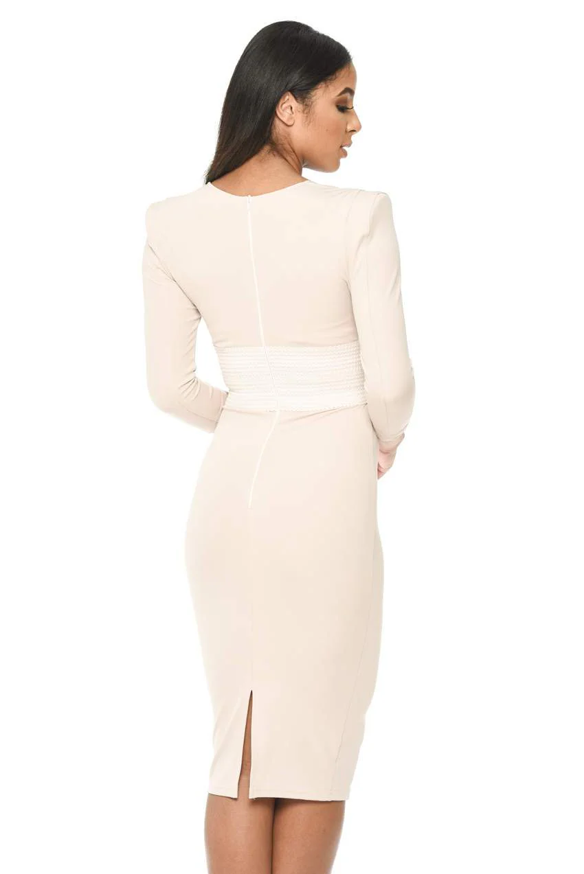 Nude Bodycon With Bandage Waist And Wrap Over Details - Image 3