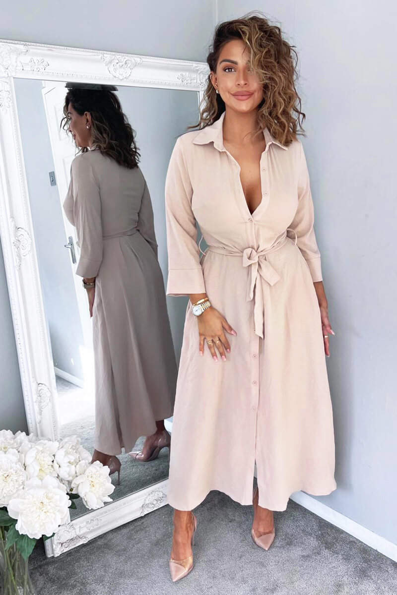 Nude Button Up Midi Shirt Dress - Image 2