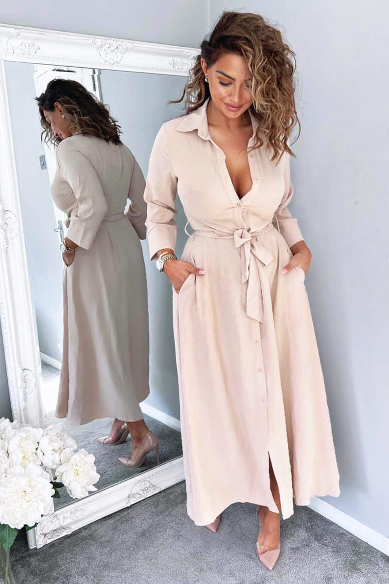 Nude Button Up Midi Shirt Dress - Image 3
