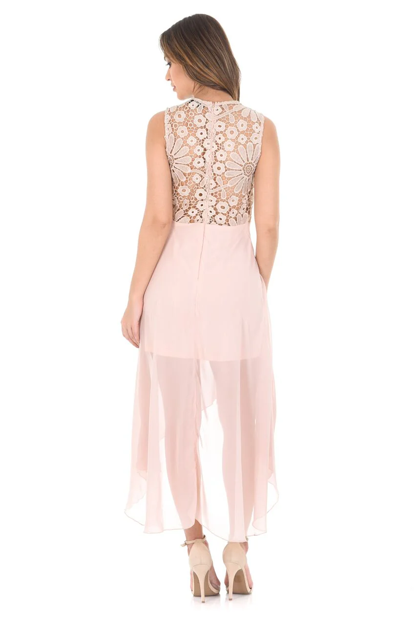 Nude Crochet Detail Sleeveless Dipped Hem Dress - Image 3