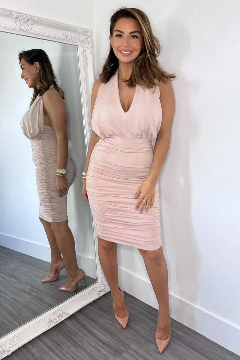 Nude Halter Tie Neck Ruched Midi Bodycon Dress - Image 3