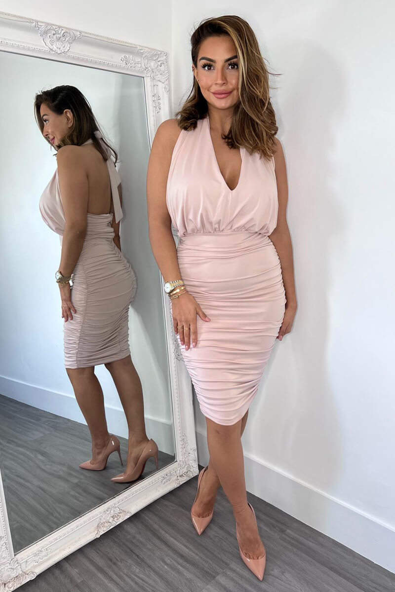 Nude Halter Tie Neck Ruched Midi Bodycon Dress - Image 4