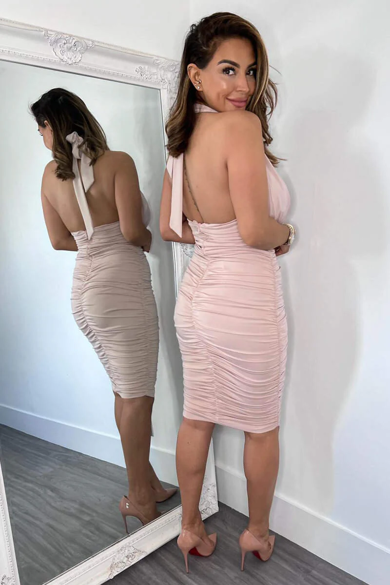 Nude Halter Tie Neck Ruched Midi Bodycon Dress - Image 5
