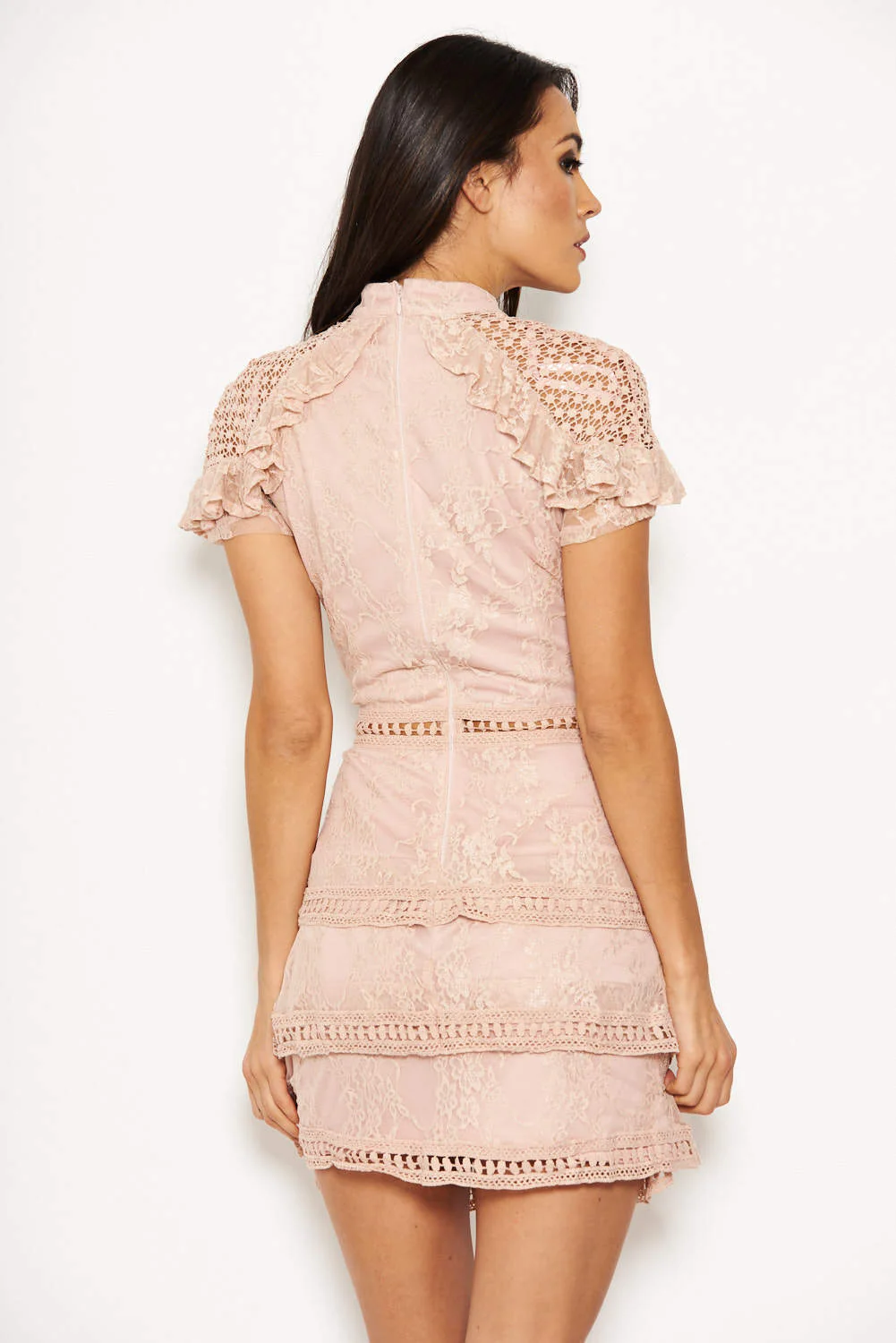 Nude High Neck Lace Layer Frill Mini Dress - Image 5