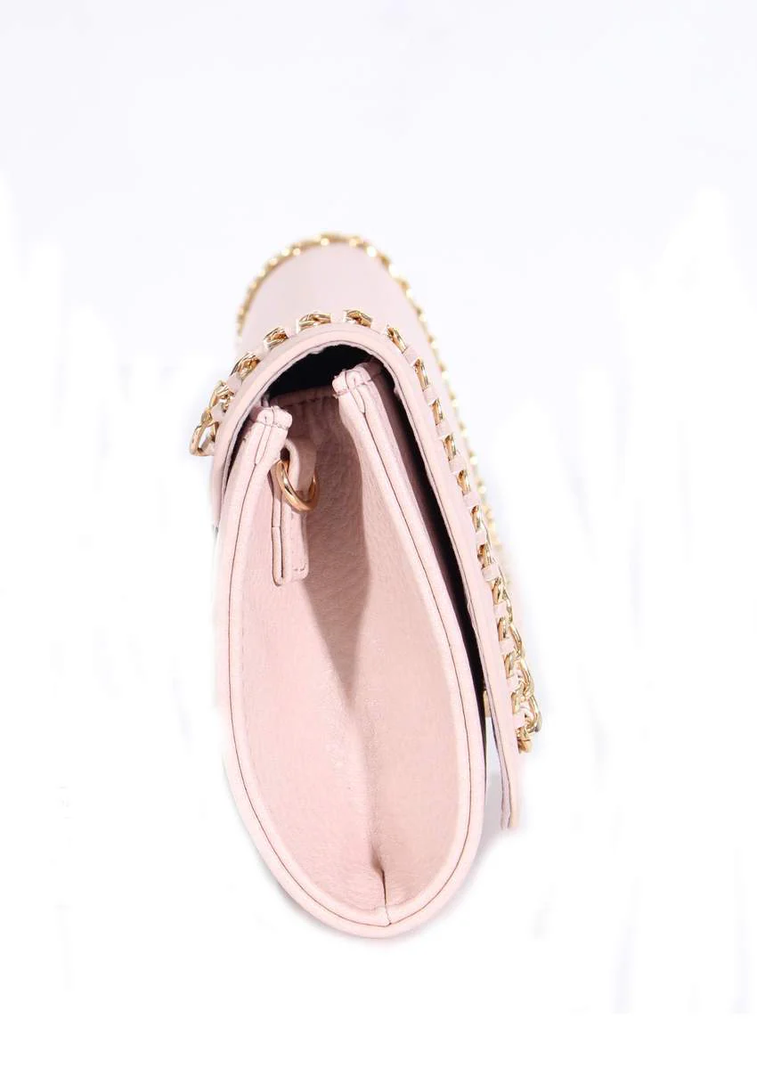 Nude Leather Look Clutch with Gold Chain Detail - Image 2