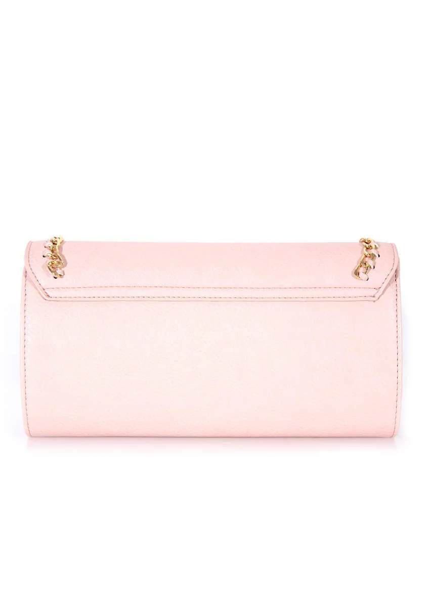 Nude Leather Look Clutch with Gold Chain Detail - Image 3