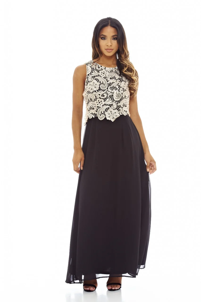 Nude Maxi Crochet Dress with Lace Overlay - Image 4