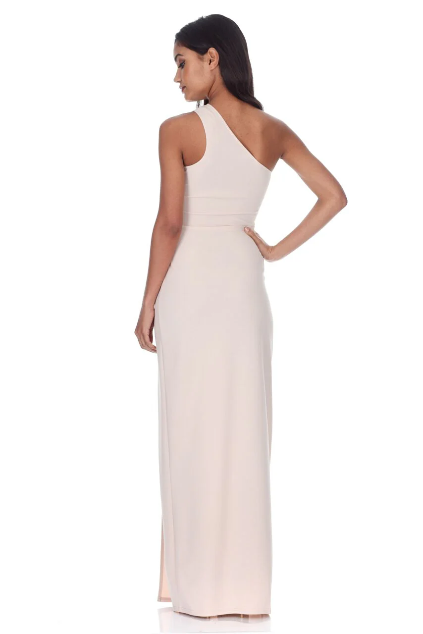 Nude One Shoulder Floral Embroidered Detail Maxi Dress - Image 2