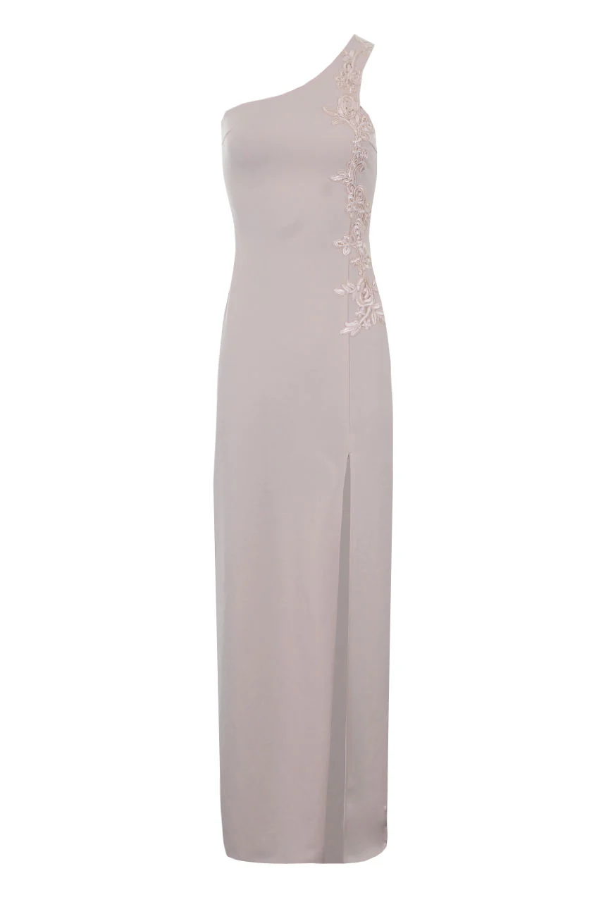 Nude One Shoulder Floral Embroidered Detail Maxi Dress - Image 3