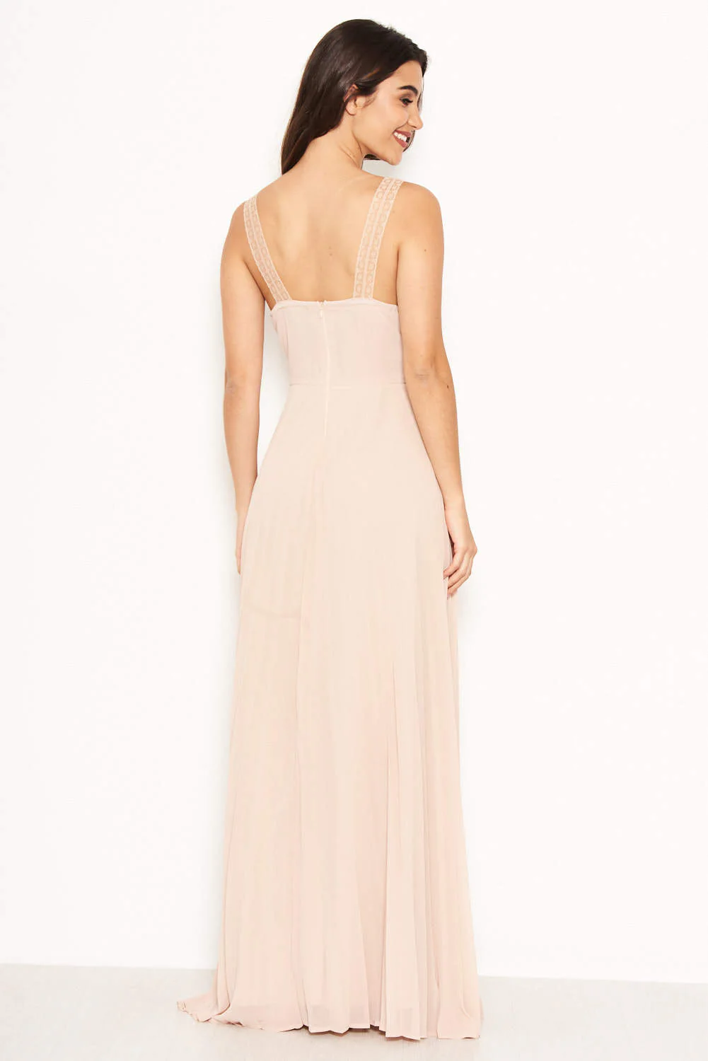 Nude Pleated Maxi Dress With Lace Straps - Image 3