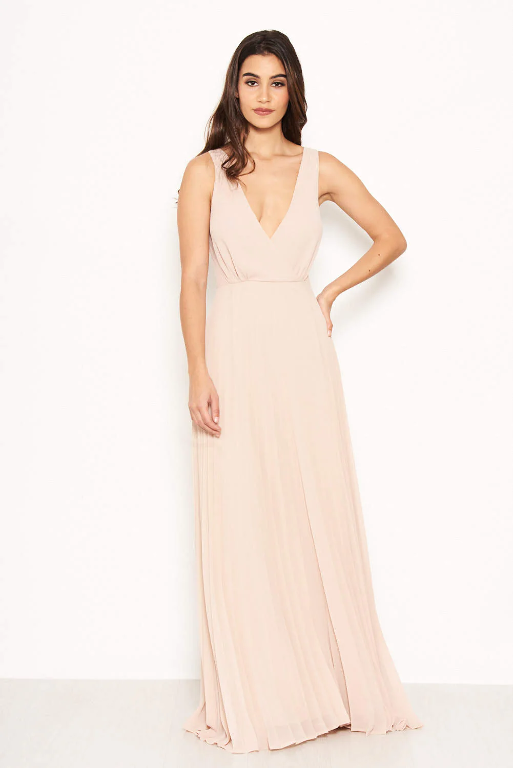 Nude Pleated Maxi Dress With Lace Straps - Image 4