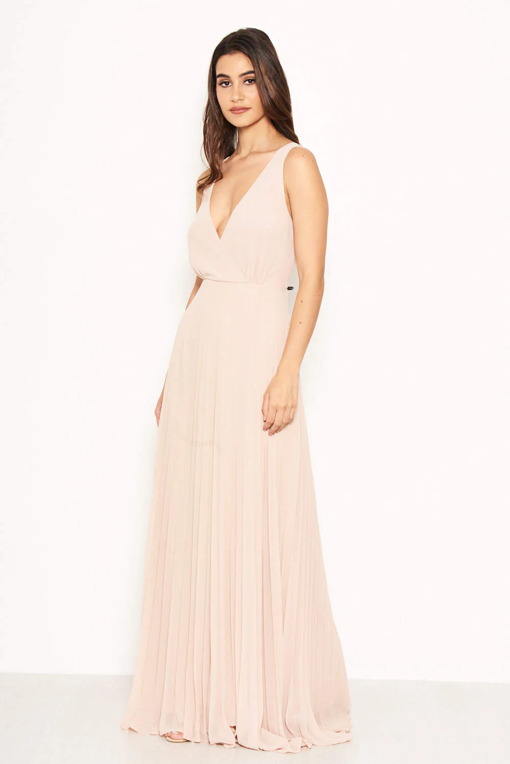 Nude Pleated Maxi Dress With Lace Straps - Image 5