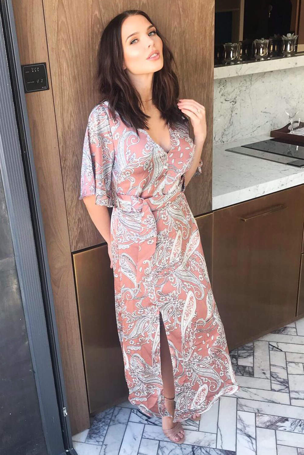 Nude Printed Split Maxi Dress - Image 2