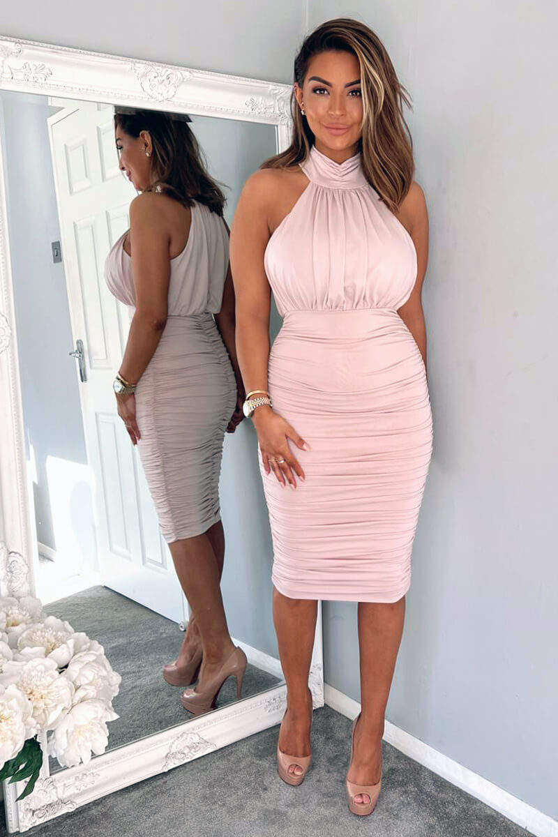 Nude Ruched High Neck Midi Dress - Image 3