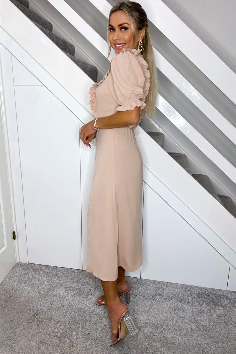Nude Ruffle Split Leg Midi Dress - Image 3
