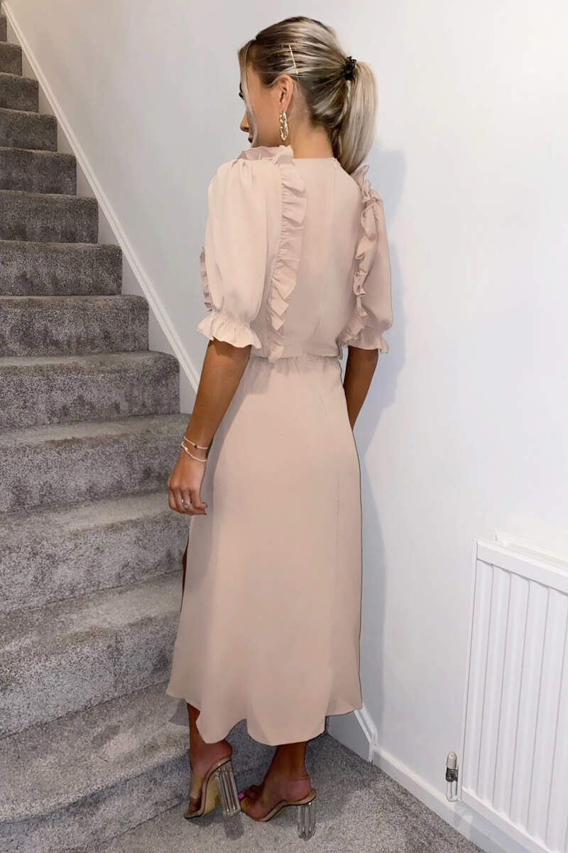 Nude Ruffle Split Leg Midi Dress - Image 4