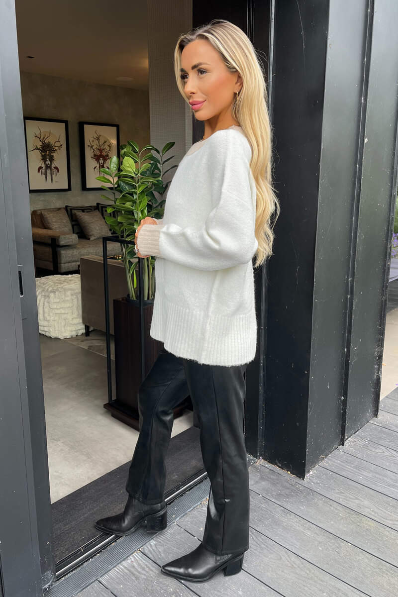 Oatmeal and Cream Two Tone Round Neck Knit Jumper - Image 3