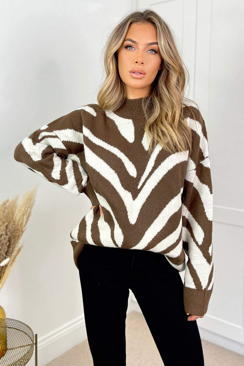 Oatmeal Animal Print Long Sleeve High Neck Soft Knitted Jumper - Image 2