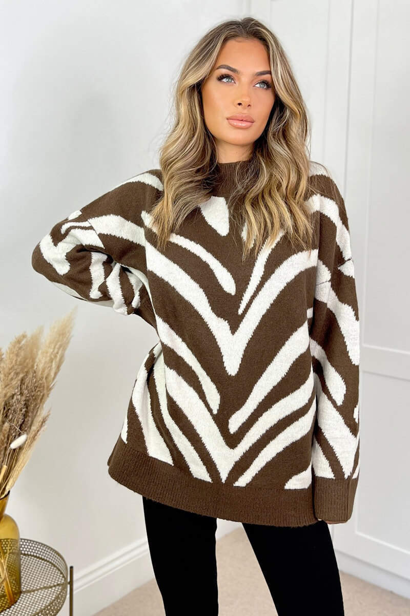 Oatmeal Animal Print Long Sleeve High Neck Soft Knitted Jumper - Image 4
