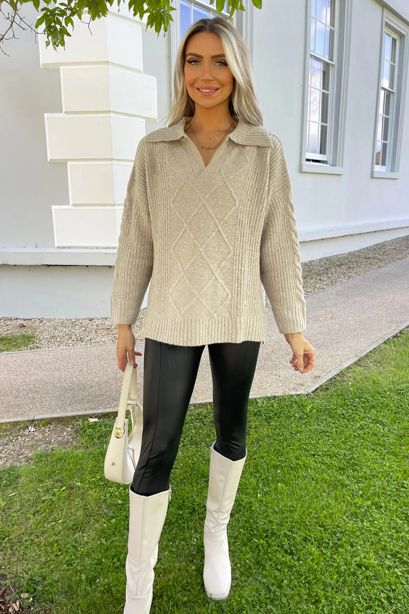 Oatmeal Collared Cable Knit Jumper - Image 2