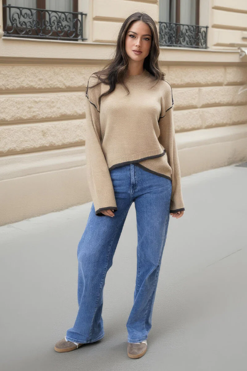 Oatmeal Contrast Piping Crew Neck Jumper - Image 2