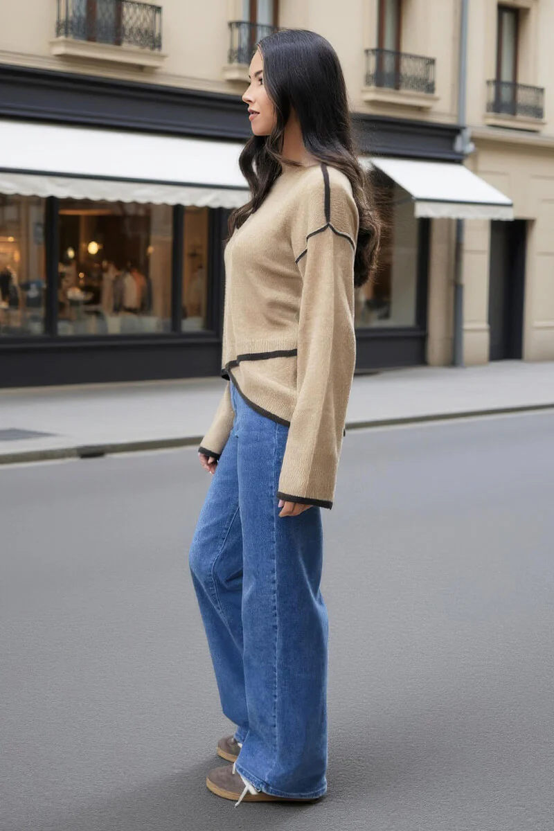 Oatmeal Contrast Piping Crew Neck Jumper - Image 4
