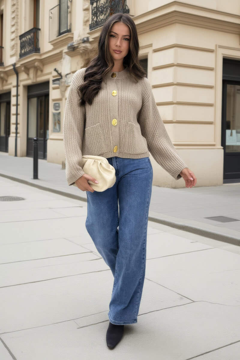 Oatmeal Knitted Gold Button Front Cardigan - Image 2