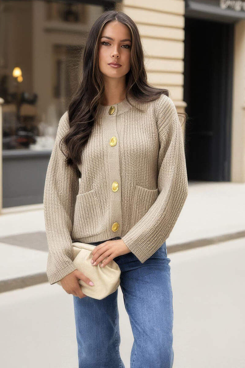 Oatmeal Knitted Gold Button Front Cardigan - Image 3
