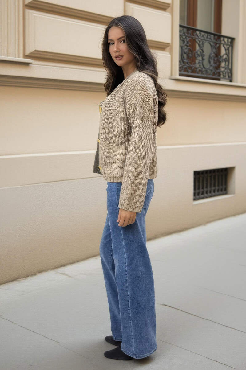 Oatmeal Knitted Gold Button Front Cardigan - Image 4