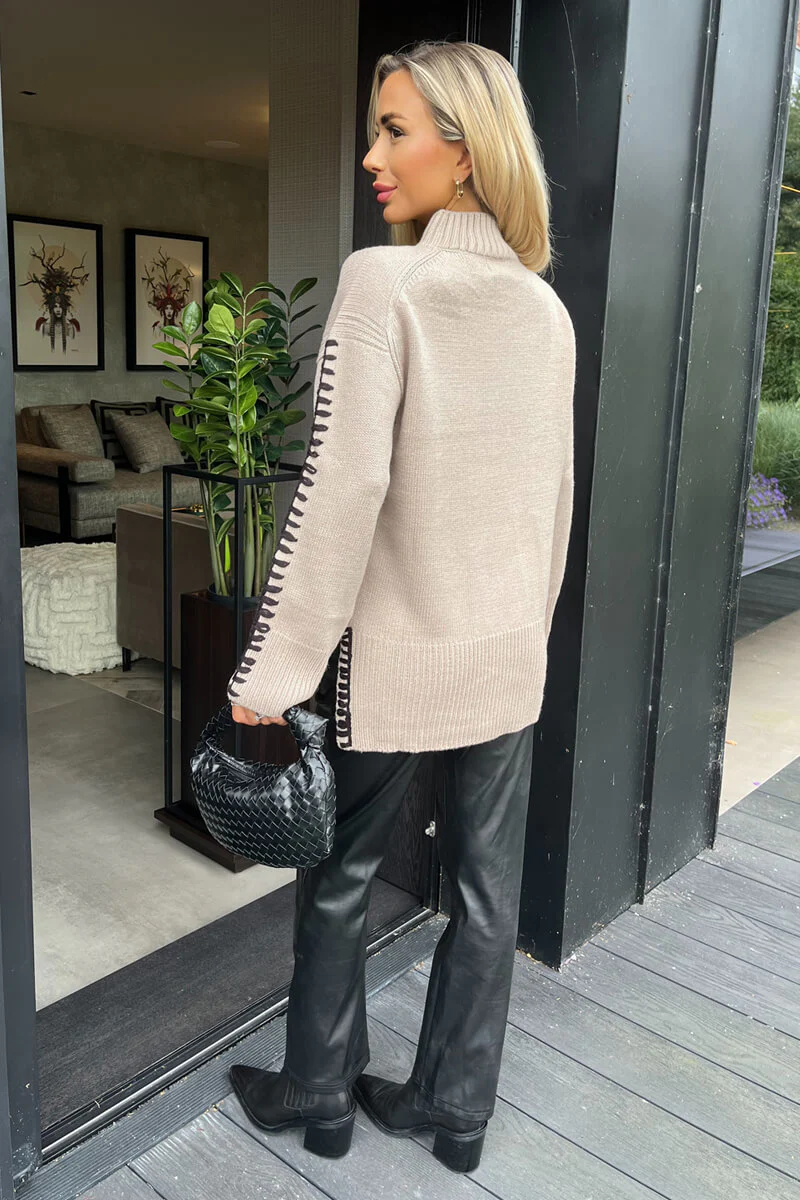 Oatmeal Mock Neck Blanket Stitch Detail Knit Jumper - Image 4