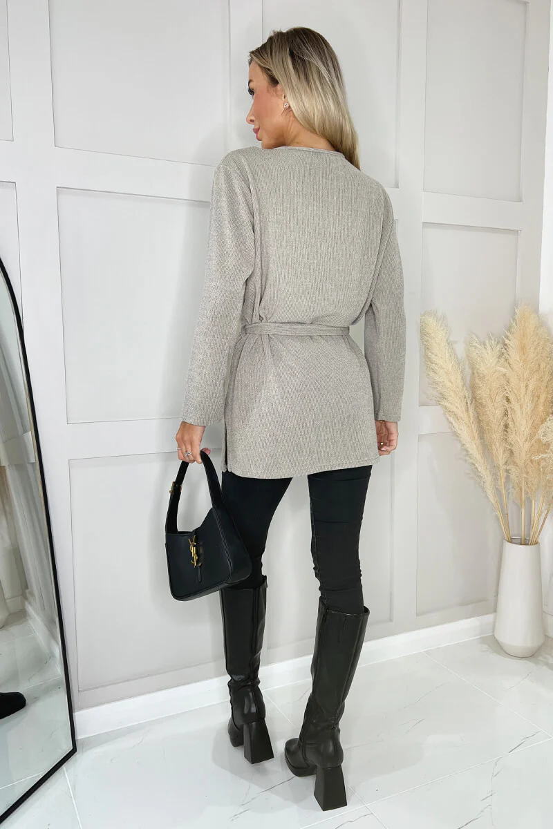 Oatmeal Ribbed Knit Long Sleeve Tie Waist Lounge Top - Image 5